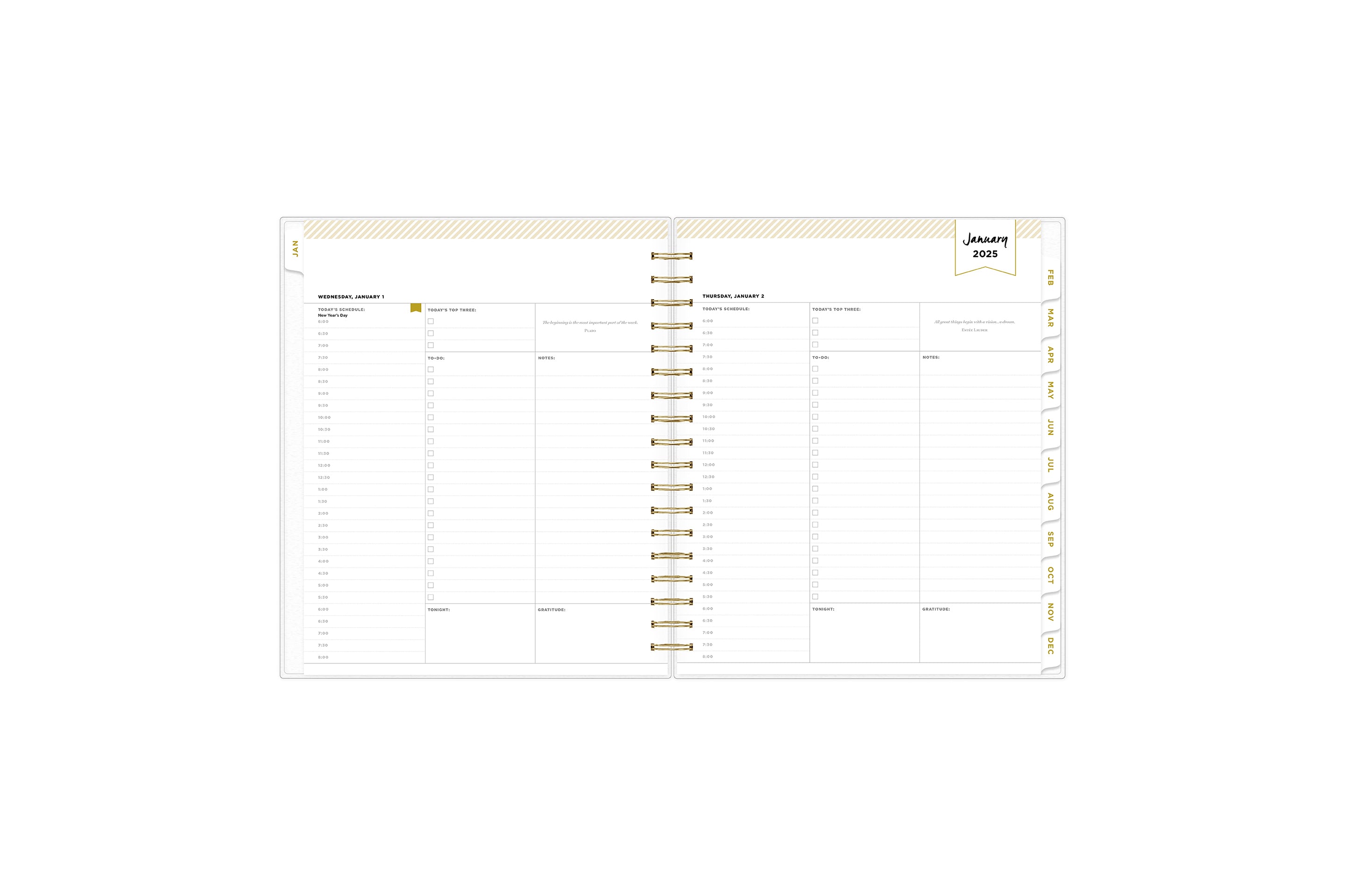 January 2025 - December 2025 daily monthly planner featuring a monthly spread with lined writing space, notes and to-do list, white monthly tabs with gold printed text, and monthly reference calendars all in a 8x10 planner size