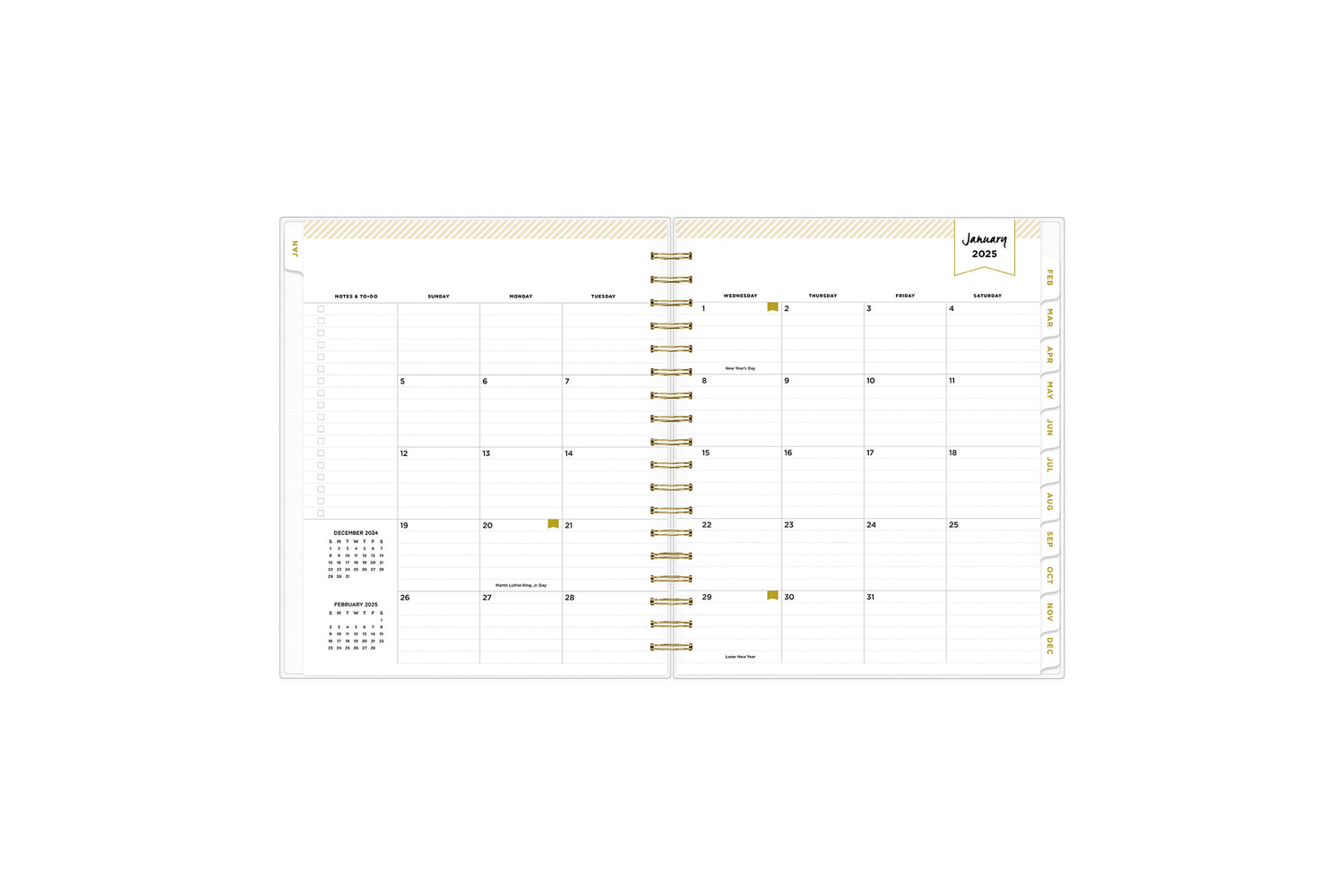 January 2025 - December 2025 daily monthly planner featuring a daily spread with lined writing space, notes and to-do list, one hour increments, and ample planning sections in a 8x10 size