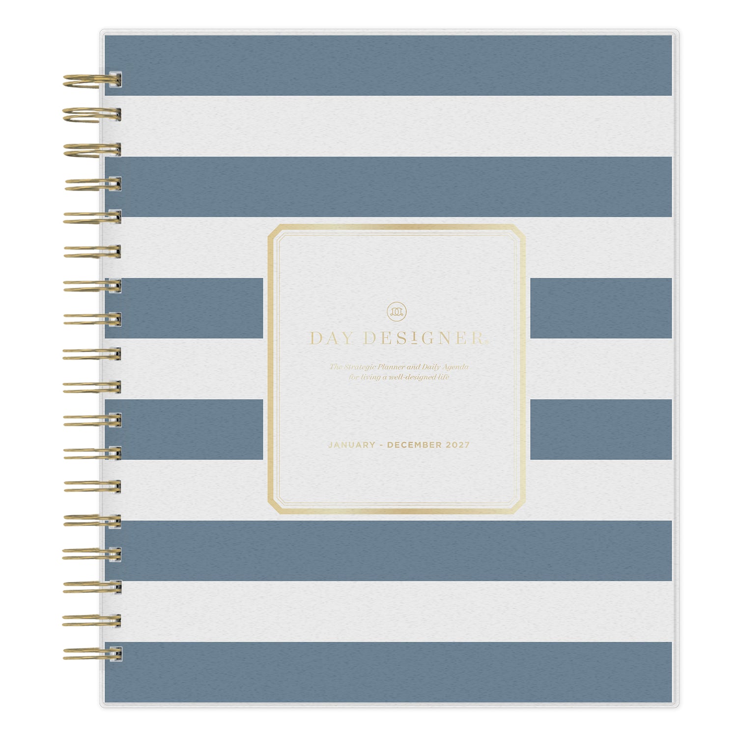 8x10 day designer blue sky planner January 2027 - December 2027 with a navy and white striped front cover