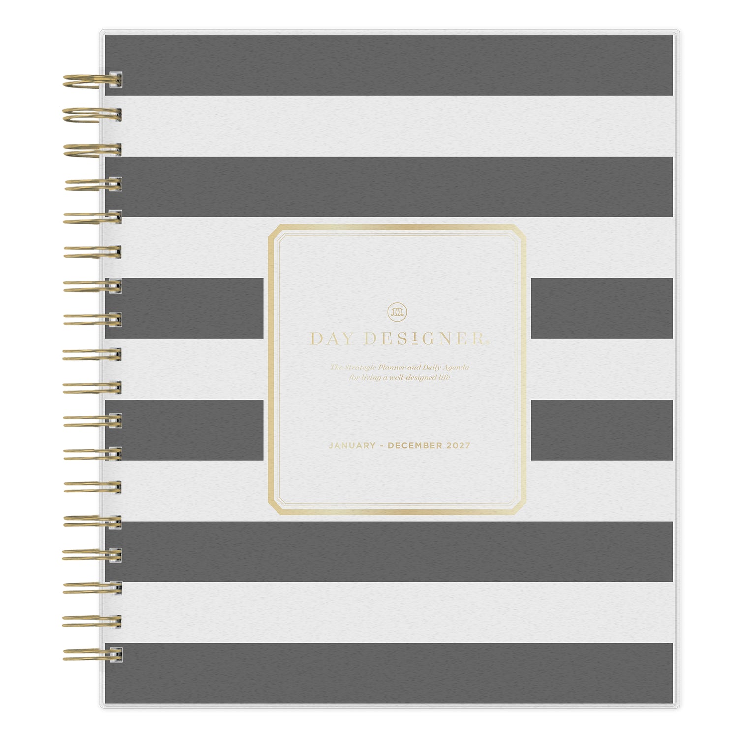 A spiral-bound planner with horizontal gray and white stripes, featuring a central gold foil label that reads &