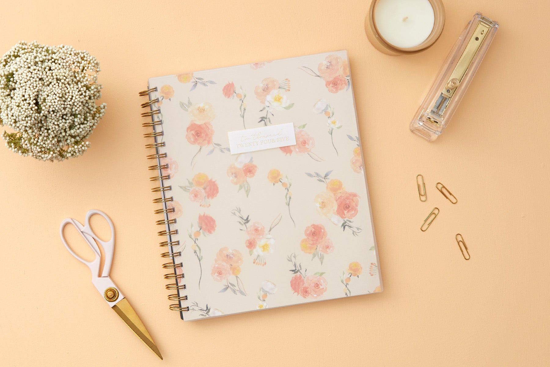 planner notes soft background and pink roses front cover gold twin wire o binding 8.5x11 planner size for July 2024 - June 2025 year