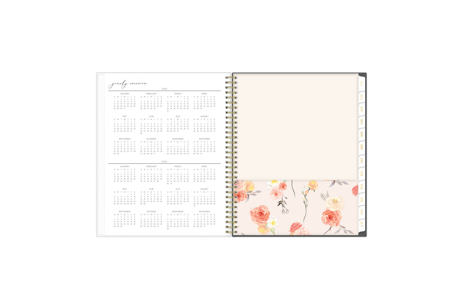 Yearly overview of 2024-2025 academic planner in 8.5x11 size with floral patterned storage pocket and white monthly tabs