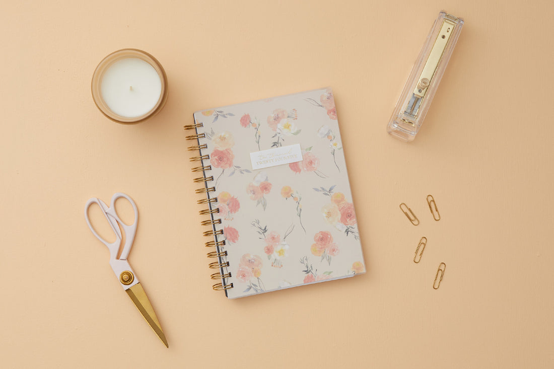 planner notes soft background and pink roses front cover gold twin wire o binding in 5.875x8.625 planner size for 2024-2025 academic year
