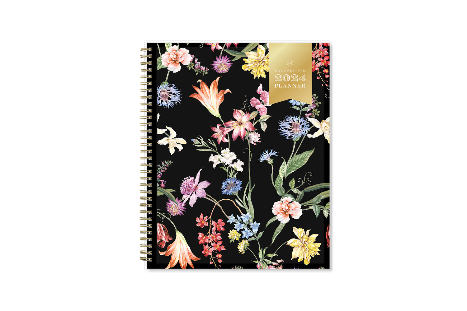 January 2024 - December 2024 featuring floral pattern on a black backcover and gold twin wire-o binding in 8.5x11 planner size