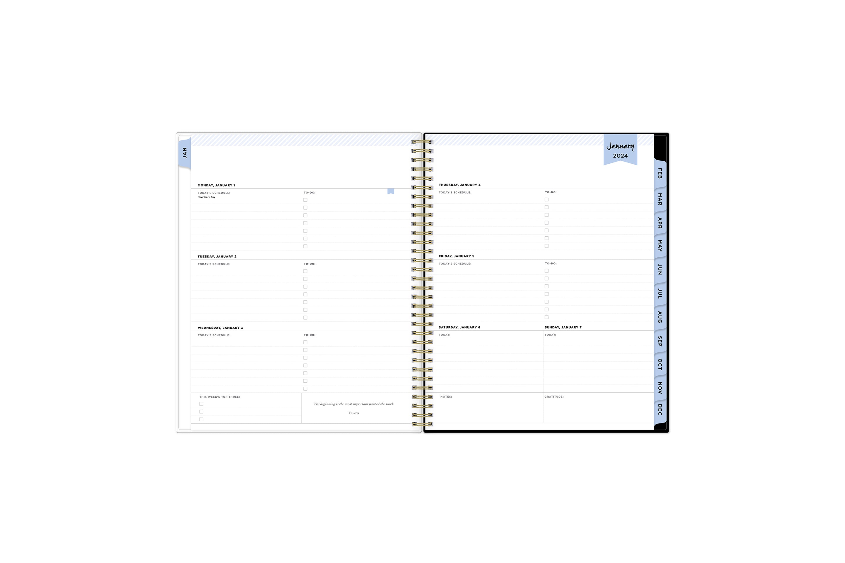 January 2024 weekly monthly planner featuring a weekly view, lined writing space, to do lists, priorities, and rainbow colored monthly tabs on a 8.5x11 planner