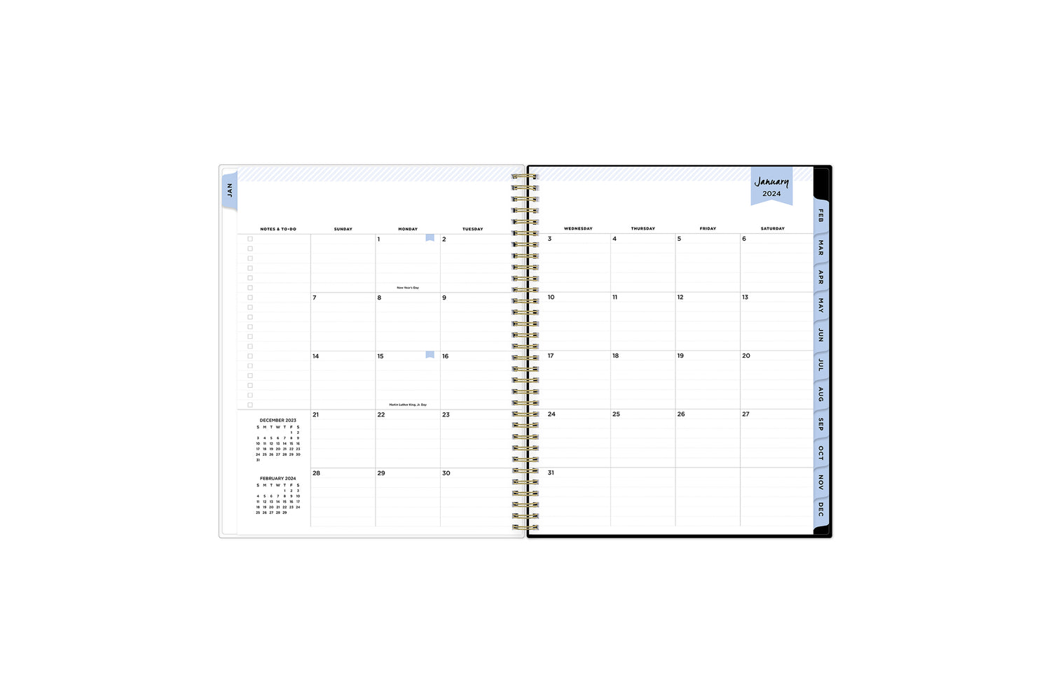 Colorful January 2024 monthly overview with to do lists, notes section, square boxes with lined writing space for dates, and rainbow colored monthly tabs
