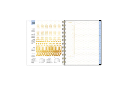 gold sticker sheet, ruler, paper pocket, blue monthly tabs