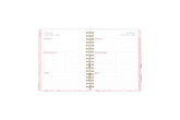The 2024 Rach parcell planner features a daily spread view with top goals for the week, time increments, lined writing space for each day, and pink monthly tabs.
