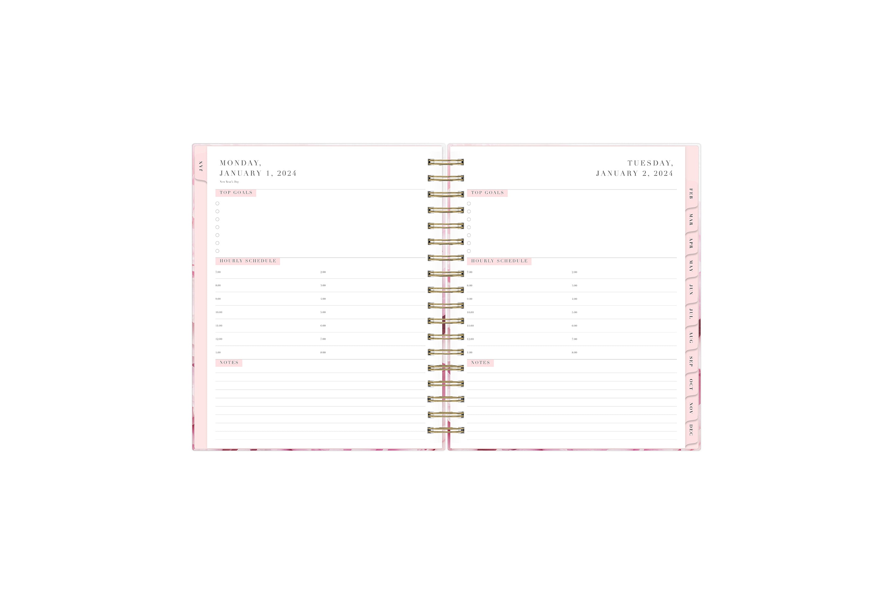 The 2024 Rach parcell planner features a daily spread view with top goals for the week, time increments, lined writing space for each day, and pink monthly tabs.