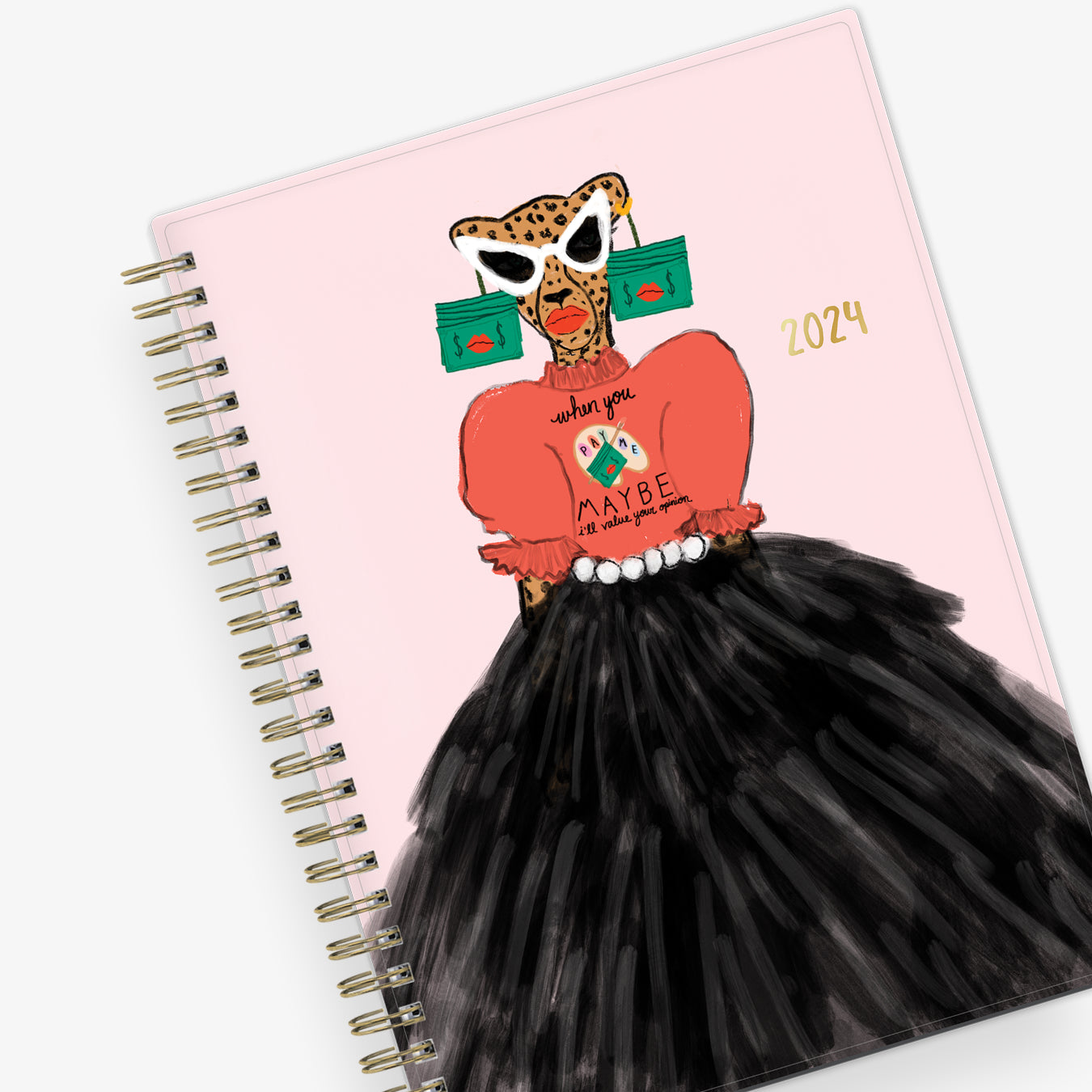 January 2024 - December 2024 weekly monthly planner gold wire-o cheetah with dress