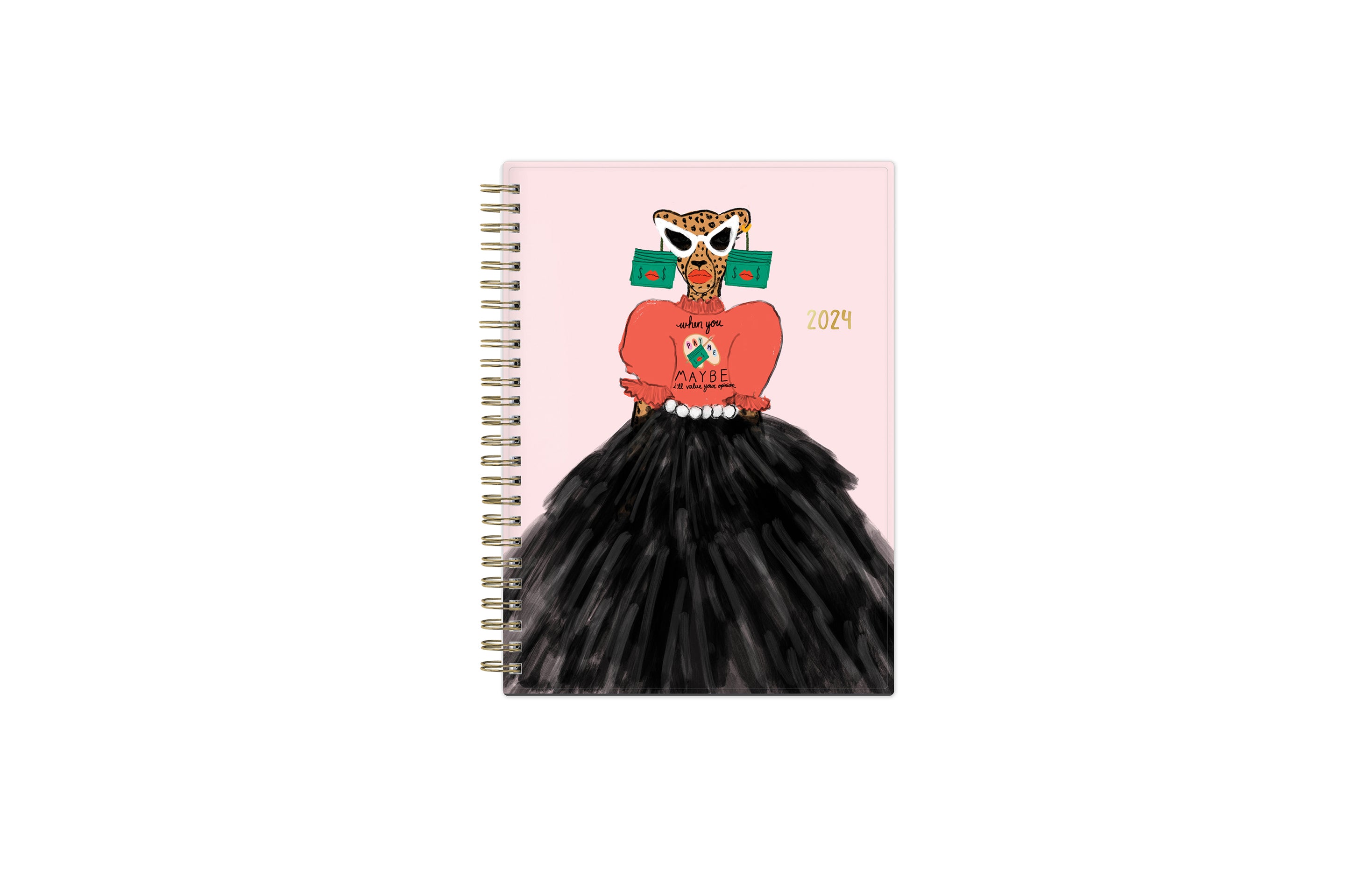 January 2024 - December 2024 weekly monthly planner gold wire-o cheetah with dress