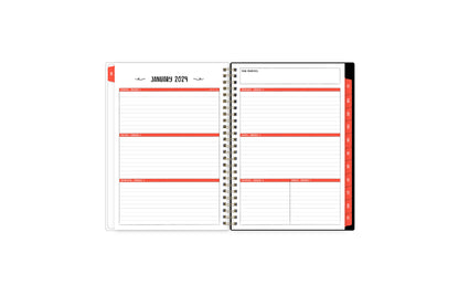 January 2024 to December 2024 weekly monthly planner featuring ample lined writing space, weekly to do list, notes section, and with orange monthly tabs 5x8