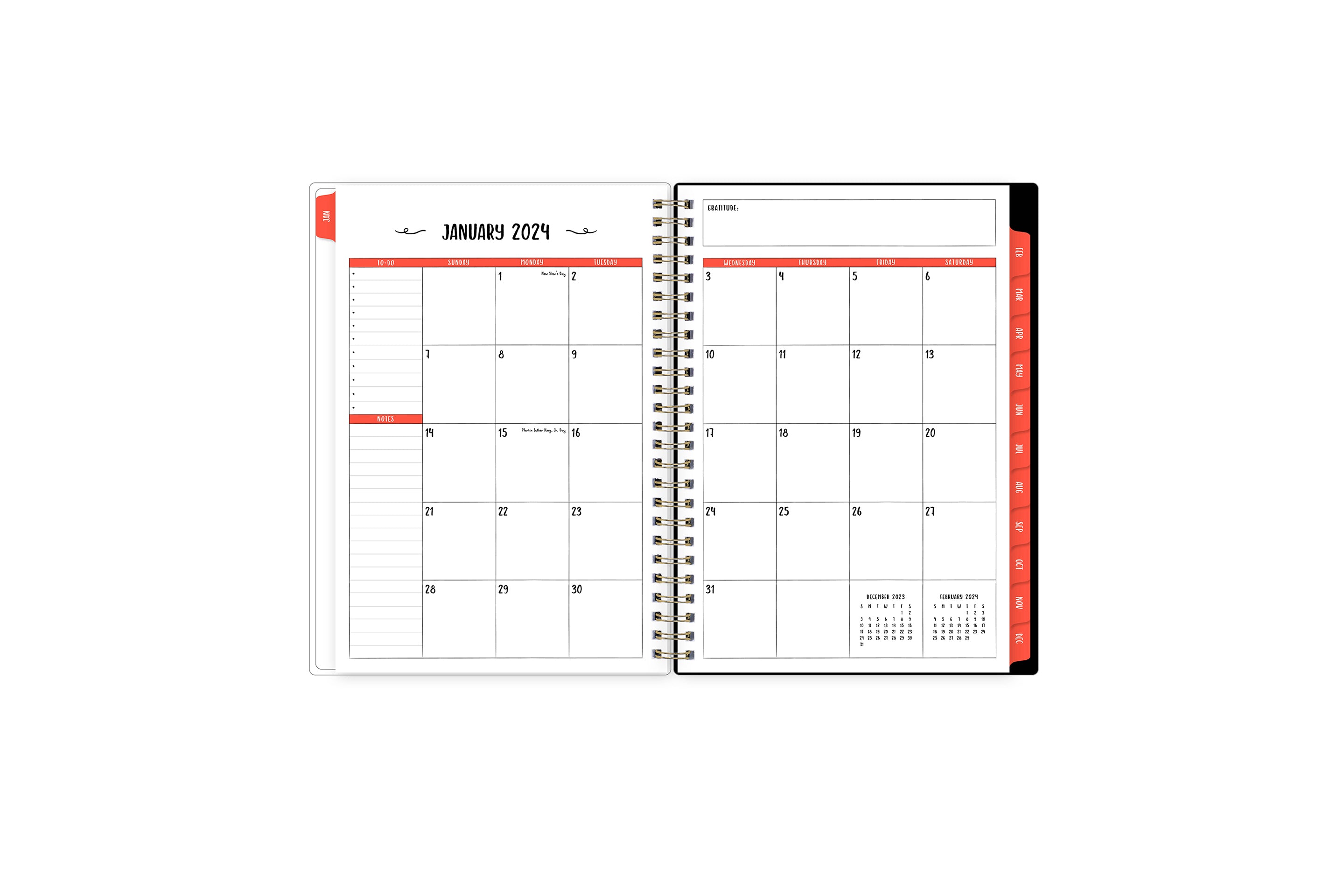 Featuring a January 2024 to December 2024 monthly view, there is lined writing space for each date, a notes section, reference calendars, and orange monthly tabs 5x8