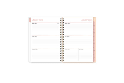 January 2024 to December 2024 weekly monthly planner featuring ample lined writing space, weekly to do list, notes section, and with pink monthly tabs 5x8