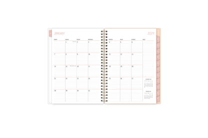 Featuring a January 2024 to December 2024 monthly view, there is lined writing space for each date, a notes section, reference calendars, and pink monthly tabs 5x8
