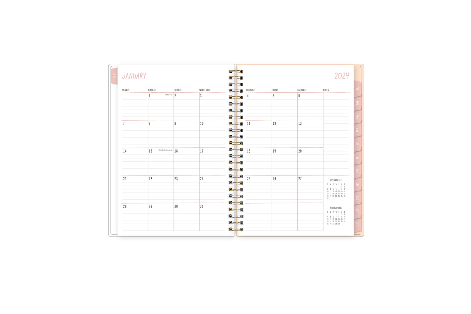 Featuring a January 2024 to December 2024 monthly view, there is lined writing space for each date, a notes section, reference calendars, and pink monthly tabs 5x8