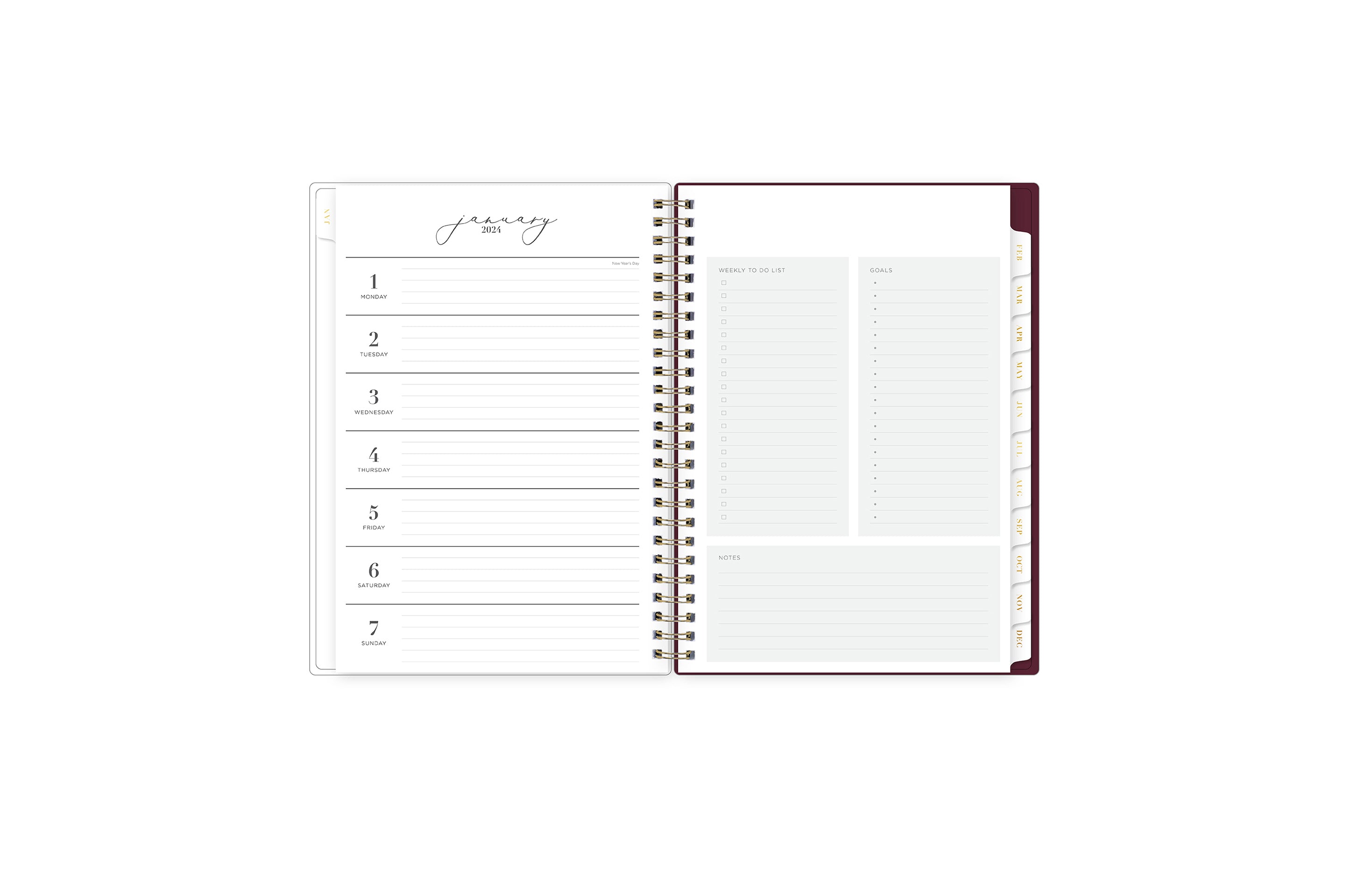 The new and improved Life Note It 2024 weekly planner features a weekly spread with clean white writing space, to do list, goals, and notes section for every important detail needed for planning a successful week in a 8.5x11 planner size