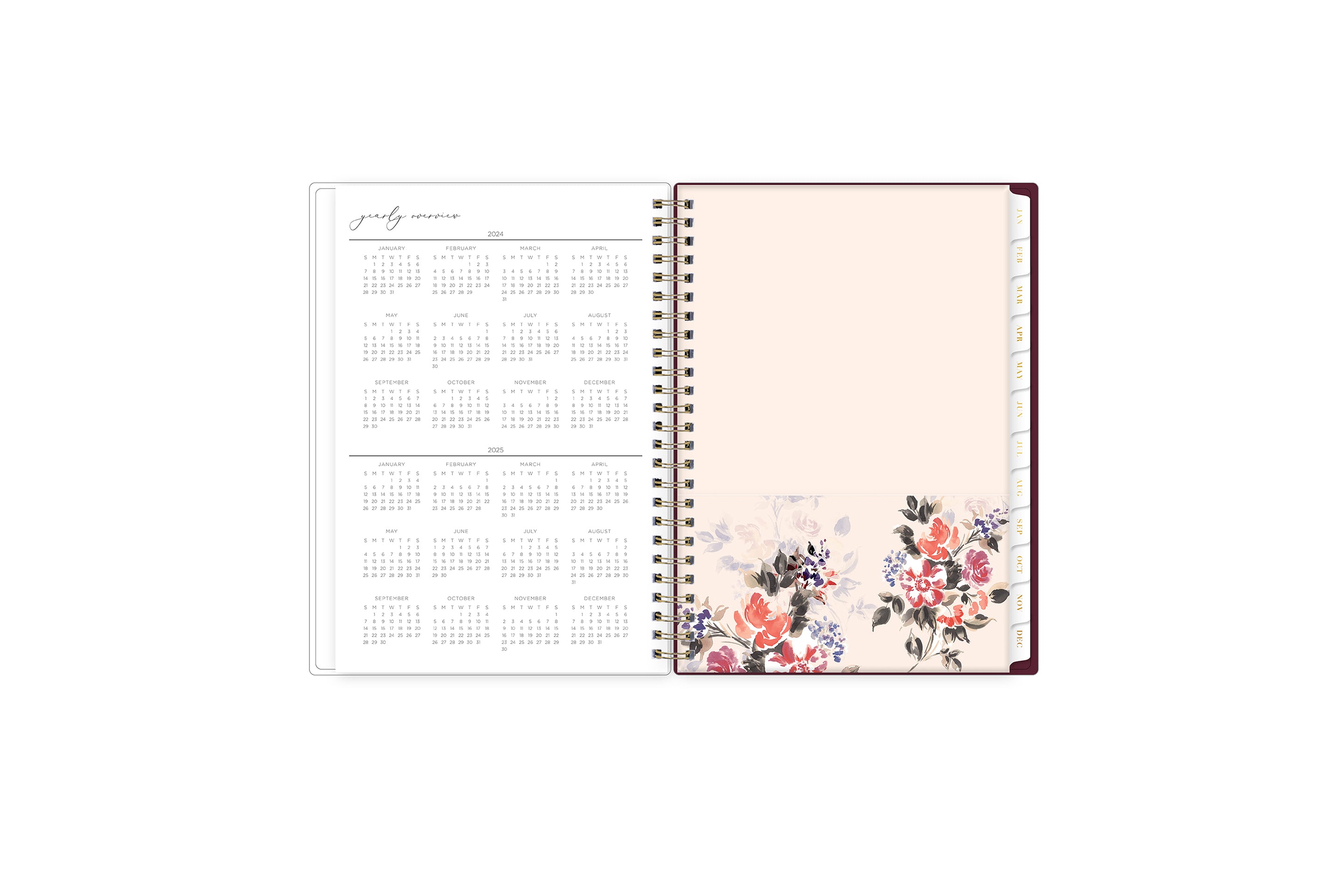 2024-2024 yearly overview spread featuring a view of all the months on one page, and a paper pocket for ultimate storage and organization!