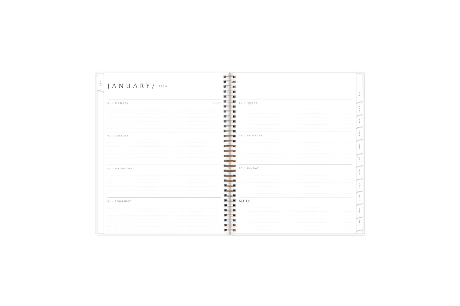 the 2024 weekly monthly planner by blue sky features a weekly spread with ample dotted lined writing space, lined notes section, reference calendar, and white monthly tabs