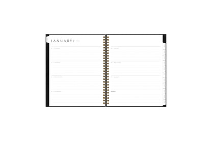 the 2024 weekly monthly planner by blue sky features a weekly spread with ample dotted lined writing space, lined notes section, reference calendar, and white monthly tabs