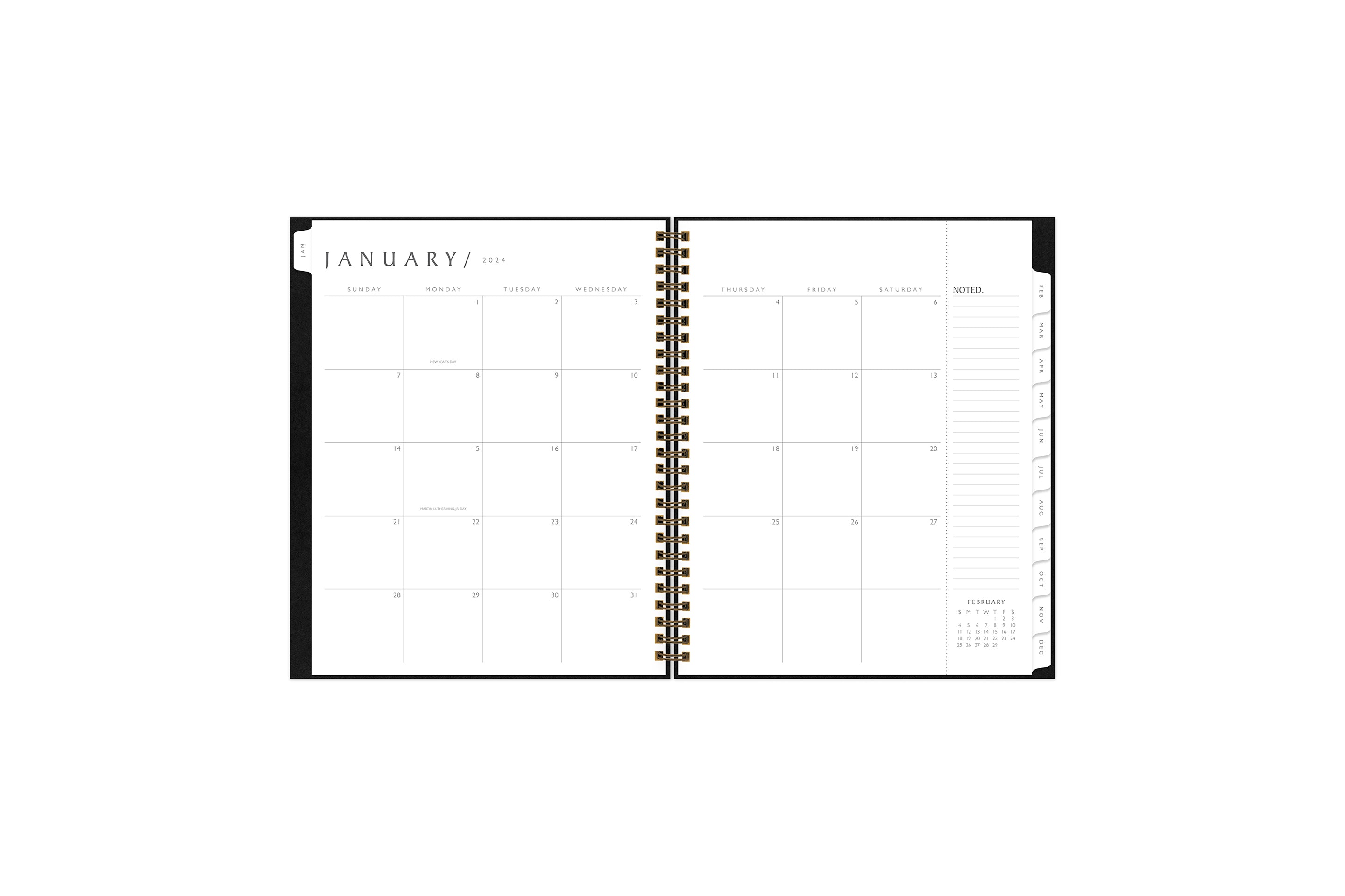 the 2024 weekly monthly planner by blue sky features a monthly spread with ample blank white writing space, lined notes section, reference calendar, and white monthly tabs