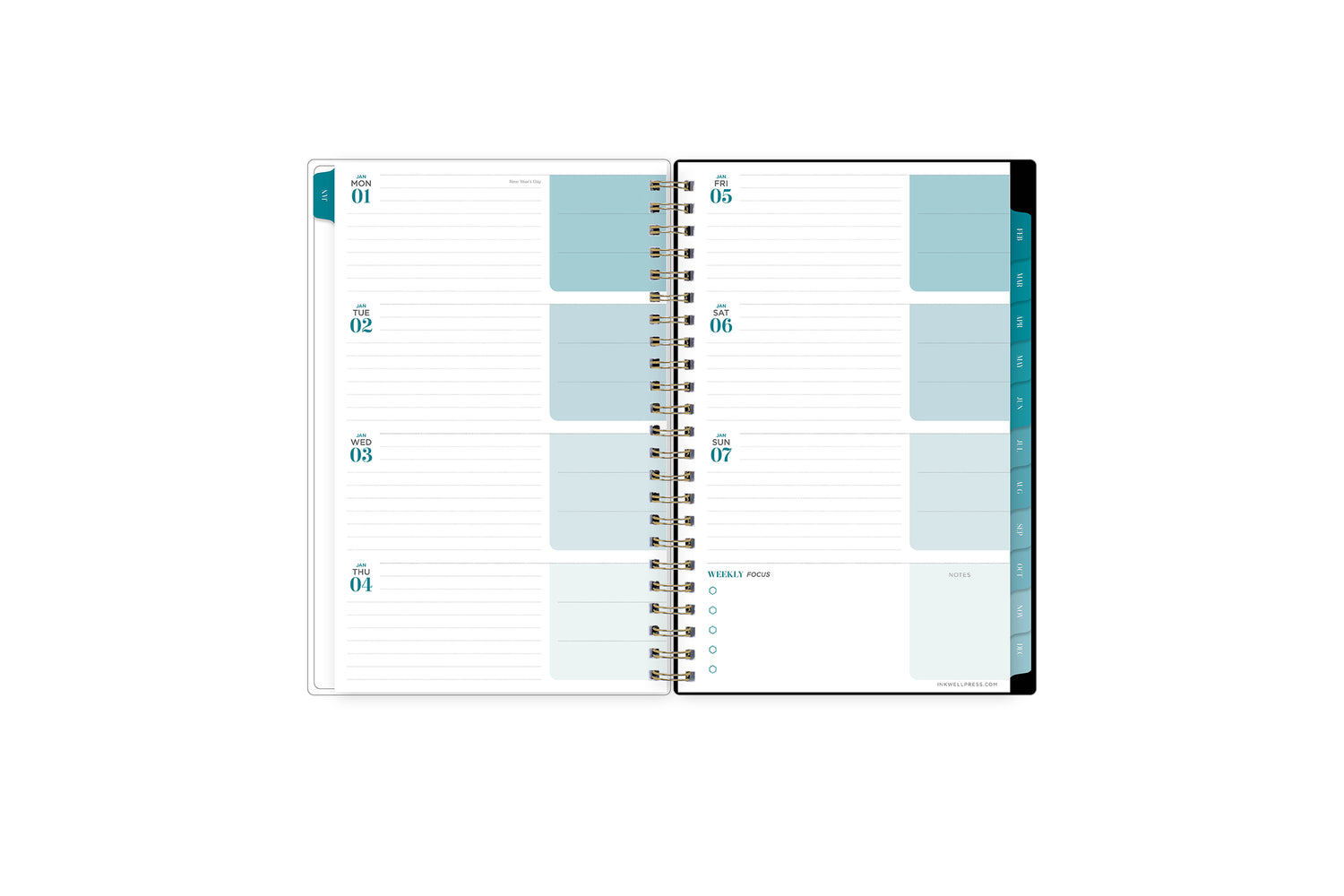 2024 inkwell press weekly monthly featuring a weekly overview perfect for planning important dates, deadlines, taking notes, bullet points, lined notes and reference calendar with turqiouse tabs in 5x8 size