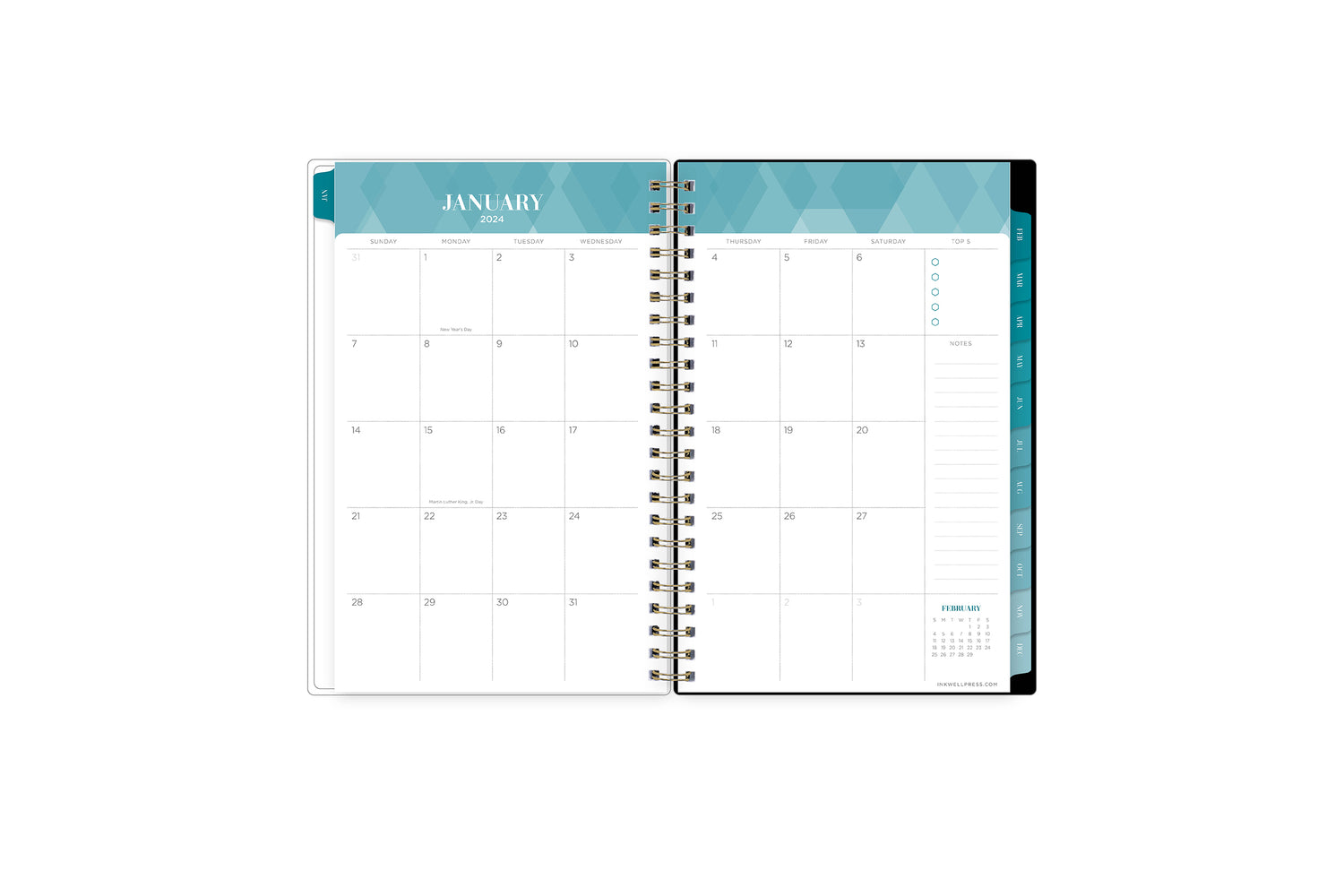 2024 inkwell press weekly monthly featuring a monthly overview perfect for planning important dates, deadlines, taking notes, bullet points, lined notes and reference calendar with turqiouse tabs in 5x8 size
