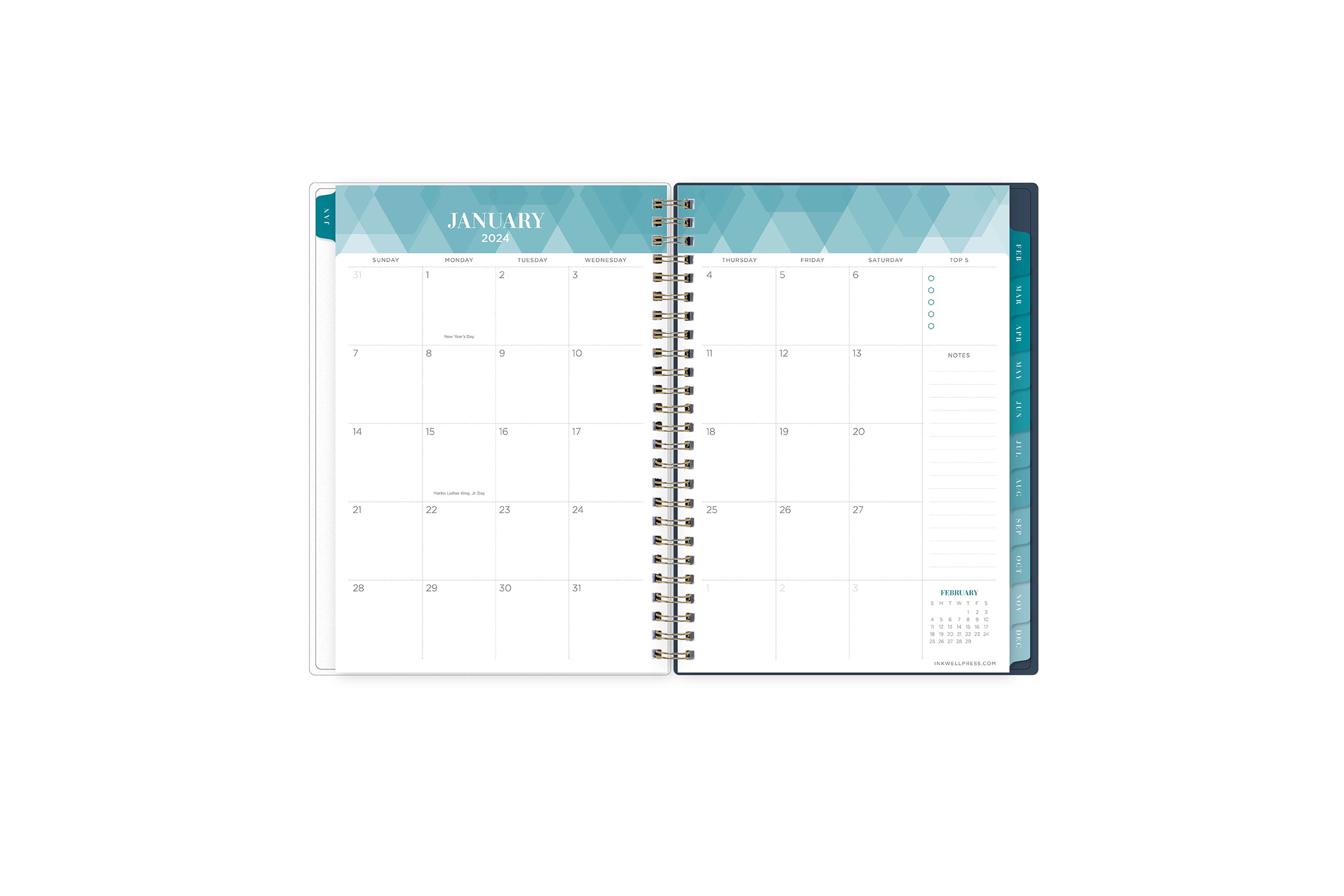 2024 inkwell press weekly monthly featuring a monthly overview perfect for planning important dates, deadlines, taking notes, bullet points, lined notes and reference calendar with turqiouse tabs in 5.875x8.625size