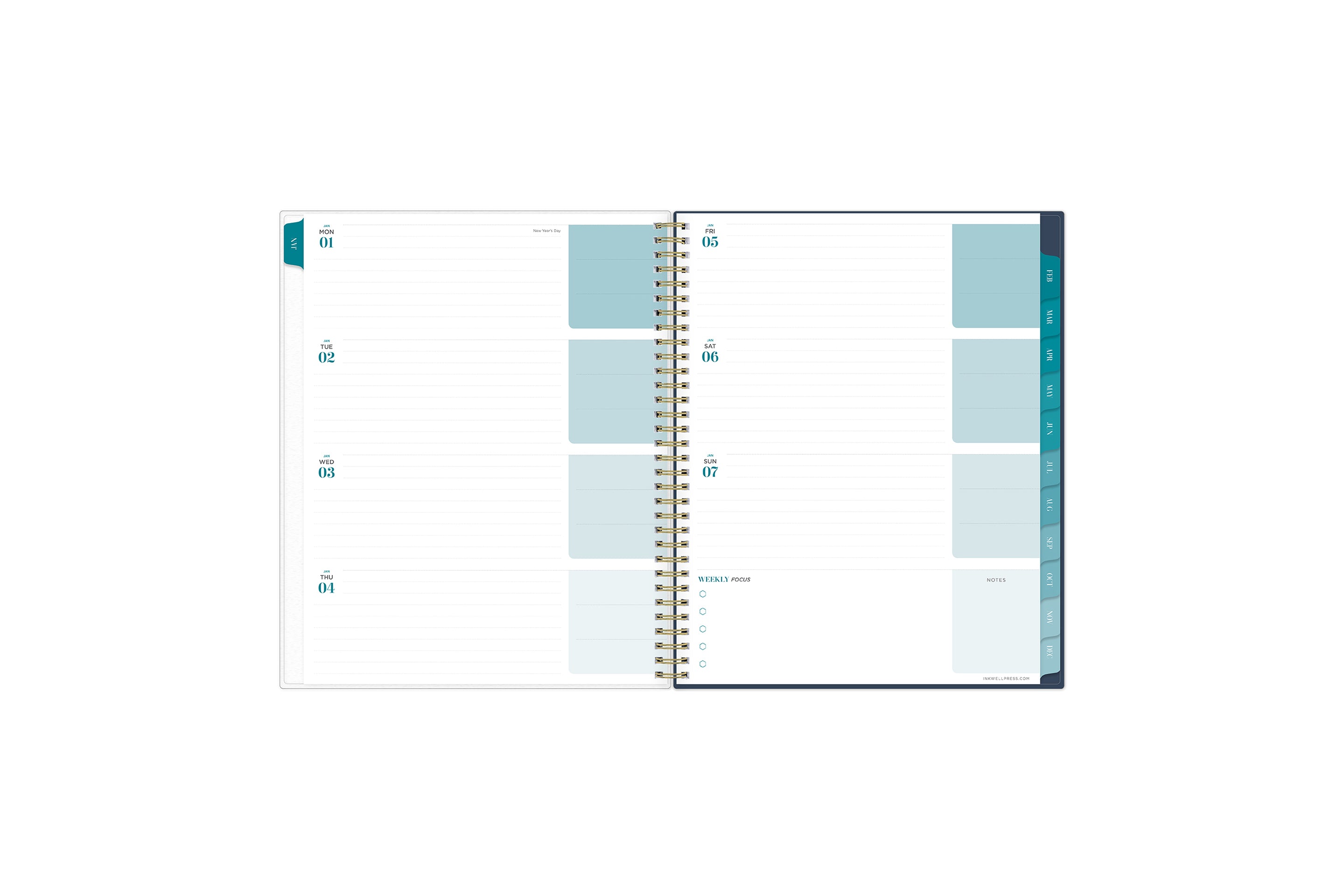 2024 inkwell press weekly monthly featuring a weekly overview perfect for planning important dates, deadlines, taking notes, bullet points, lined notes and reference calendar with turqiouse tabs in 8.5x11 size