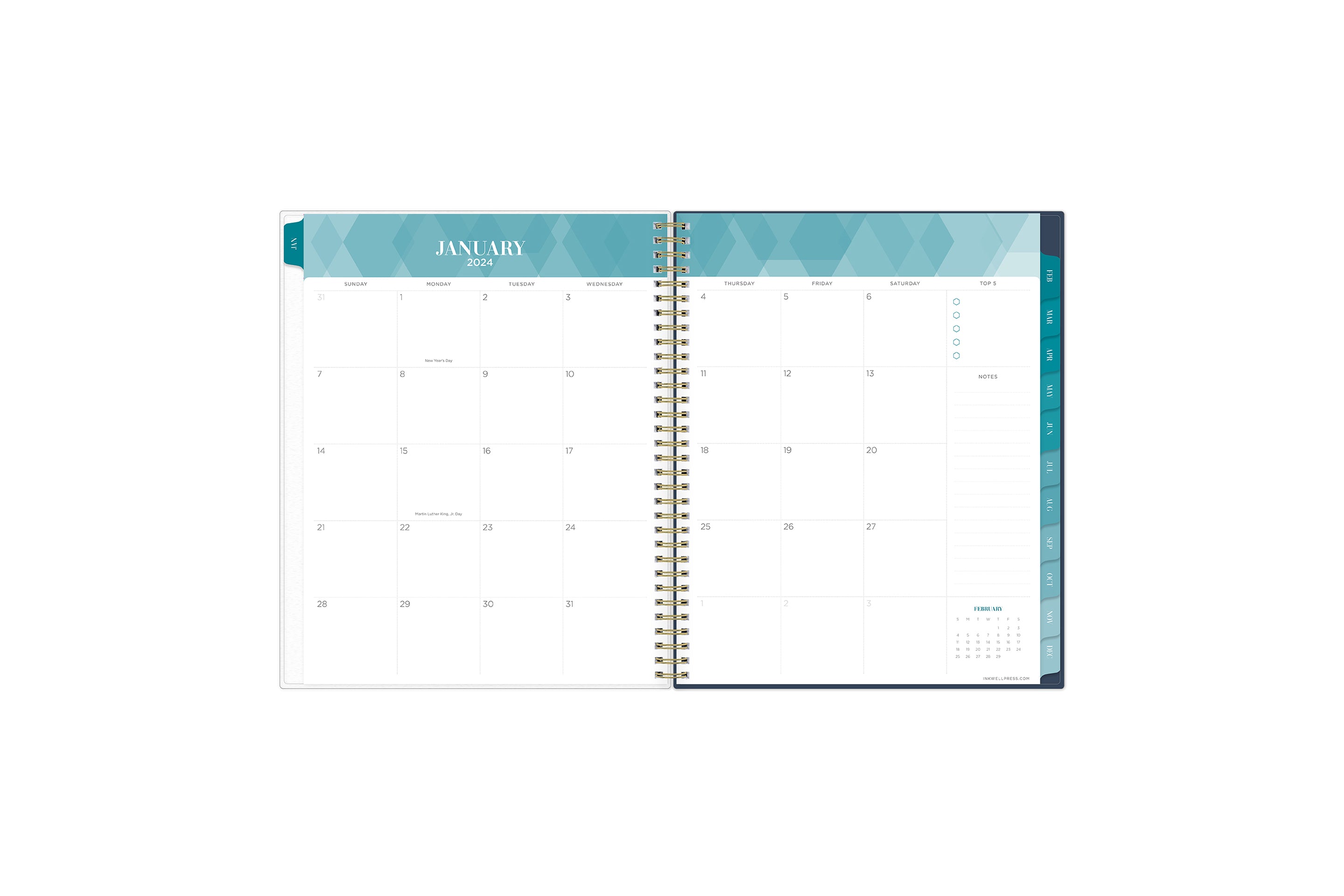 2024 inkwell press weekly monthly featuring a monthly overview perfect for planning important dates, deadlines, taking notes, bullet points, lined notes and reference calendar with turqiouse tabs in 8.5x11 size