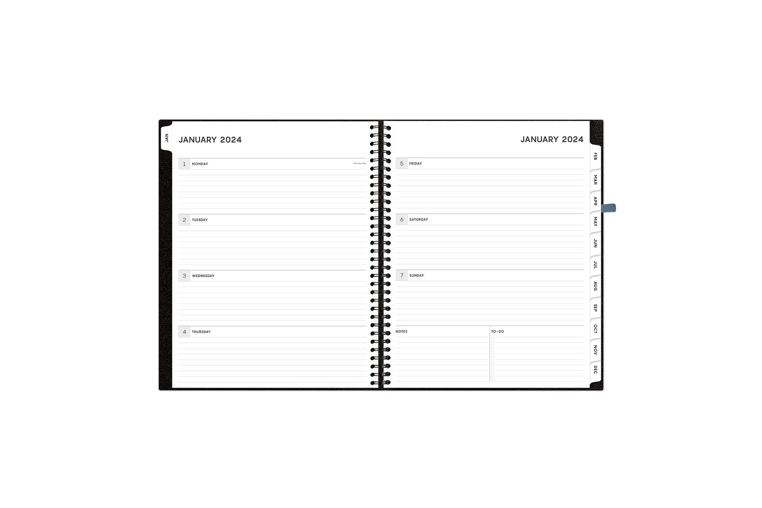 Aligned 2024 planner notes features a weekly spread featuring clean, lined writing space and reference calendars for the year to stay organized throughout the year.