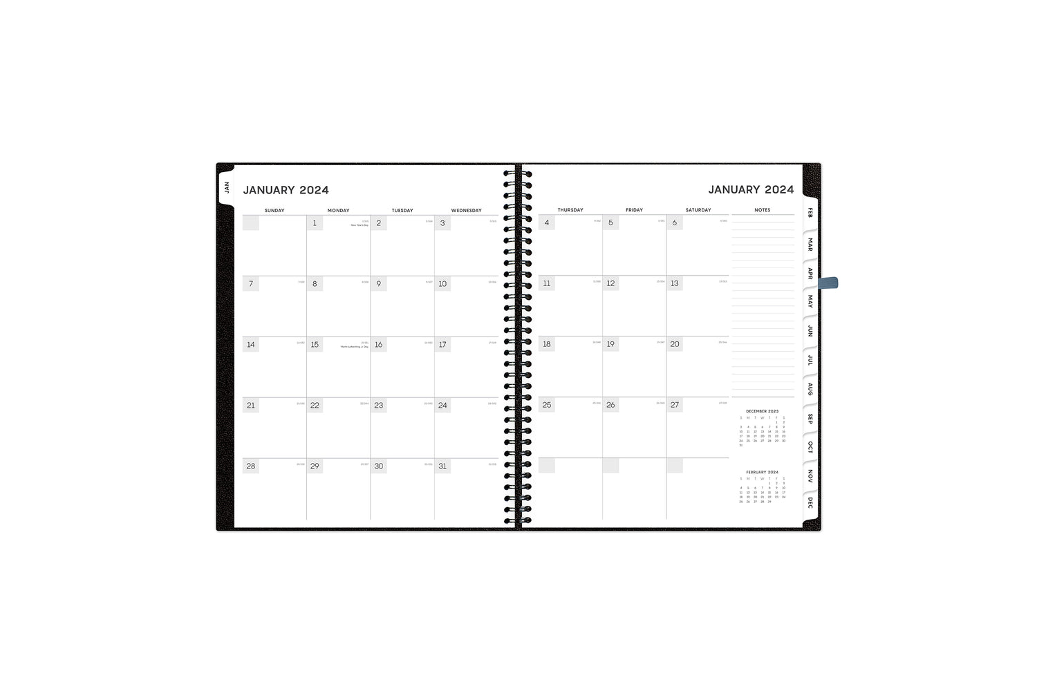 the aligned planner features a monthly overview with lined writing space and a full page of notes with both lined and dotted writing space perfect for planning the month