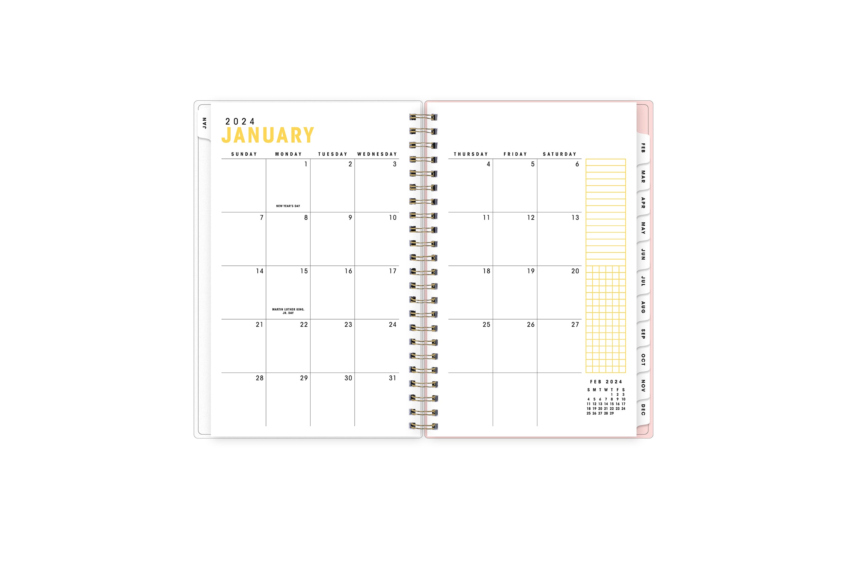 January 2024 - December 2024 weekly monthly planner featuring a monthly spread boxes for each day, lined writing space, notes section, reference calendars, and white monthly tabs in 5x8 size
