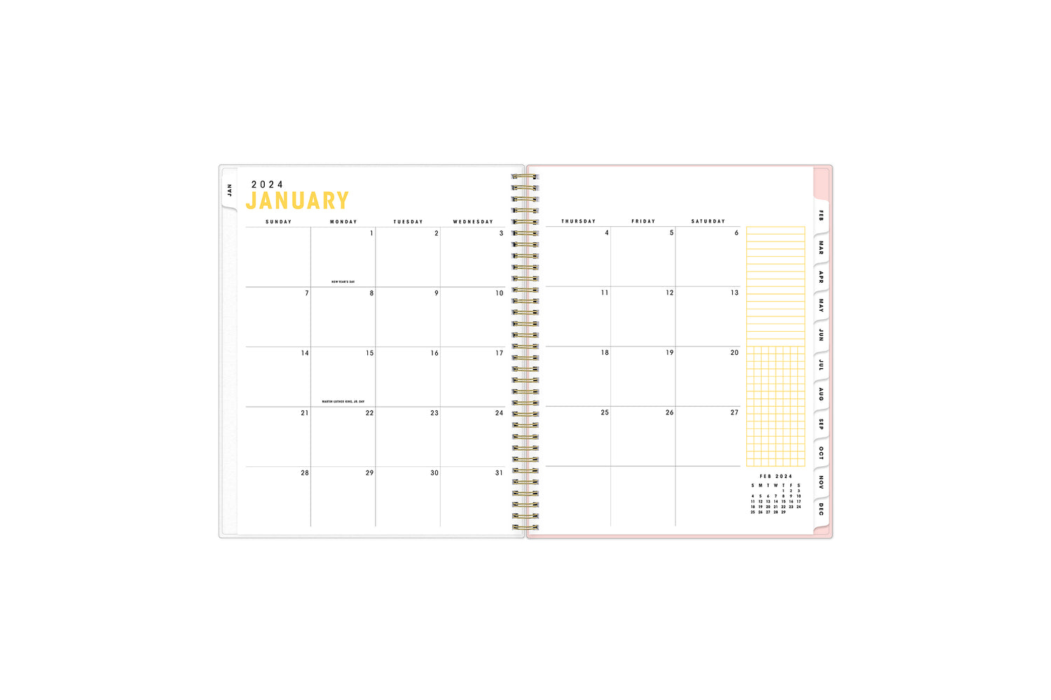 January 2024 - December 2024 weekly monthly planner featuring a monthly spread boxes for each day, lined writing space, notes section, reference calendars, and white monthly tabs in 5x8 size