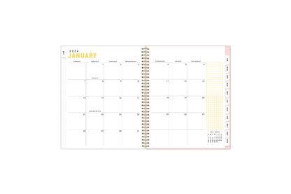 January 2024 - December 2024 weekly monthly planner featuring a monthly spread boxes for each day, lined writing space, notes section, reference calendars, and white monthly tabs in 5x8 size