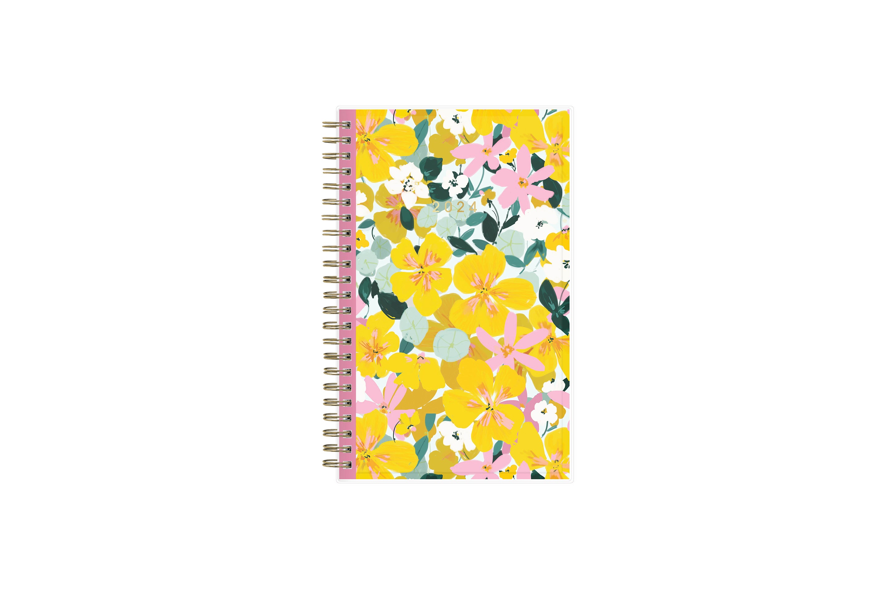 2024 planner weekly monthly featuring gold wire-o and yellow pink flowers