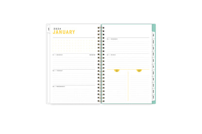 January 2024 - December 2024 weekly monthly planner featuring dotted lined notes and white monthly tabs, gold wire-o binding