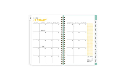 2024 planner featuring a monthly spread blank square dates for important not taking, deadlines, dates, reference calendar, gold wire=o binding, and white monthly tabs