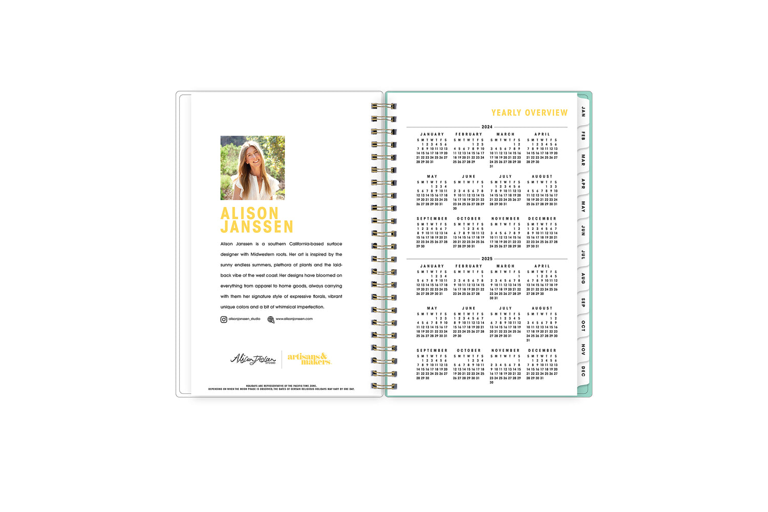 artisans and makers reference calendar from 2024 and 2025 white monthly tabs 5x8 size
