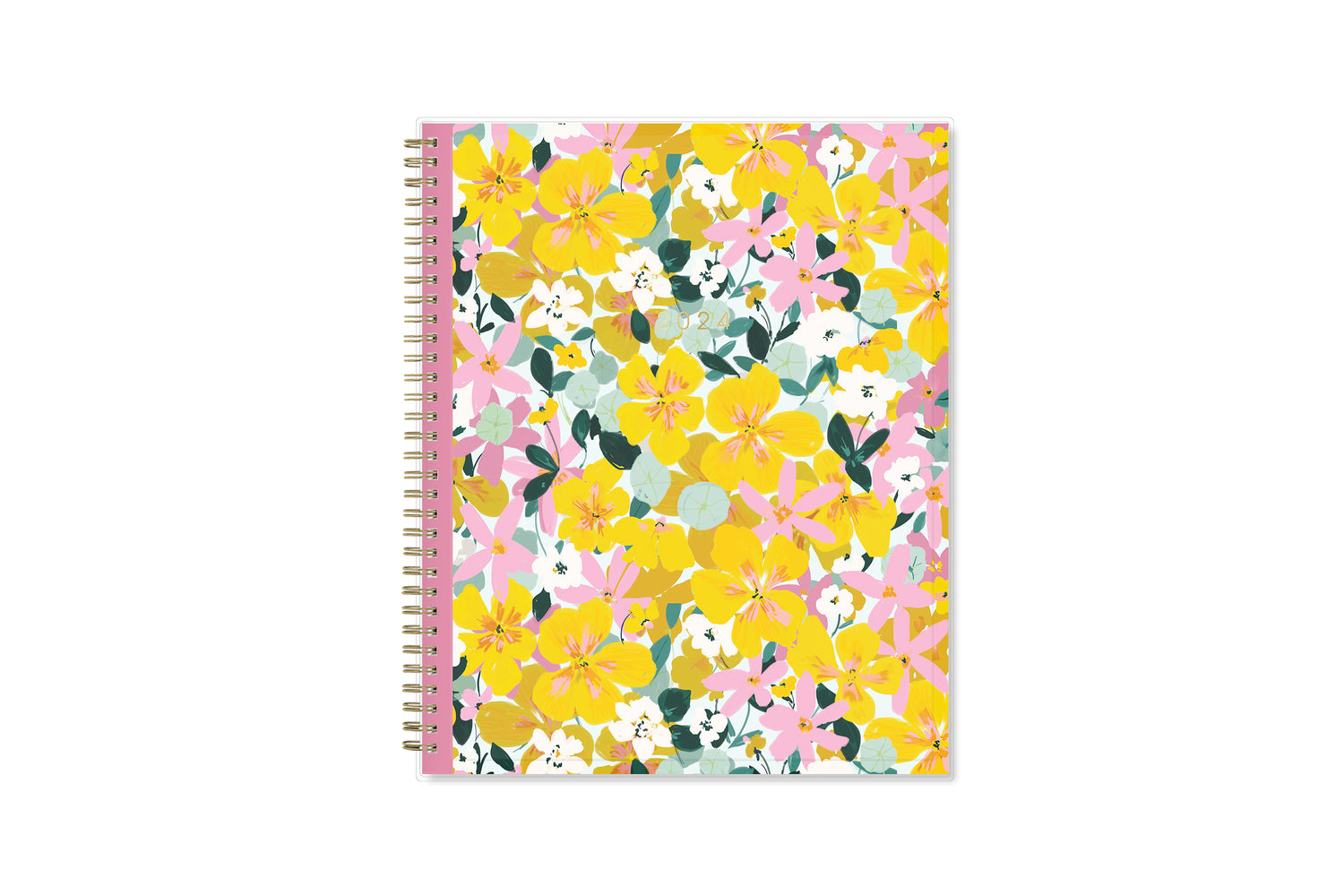 2024 planner weekly monthly featuring gold wire-o and yellow pink flowers 8.5x11 
