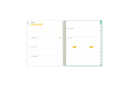 January 2024 - December 2024 weekly monthly planner featuring dotted lined notes and white monthly tabs, gold wire-o binding