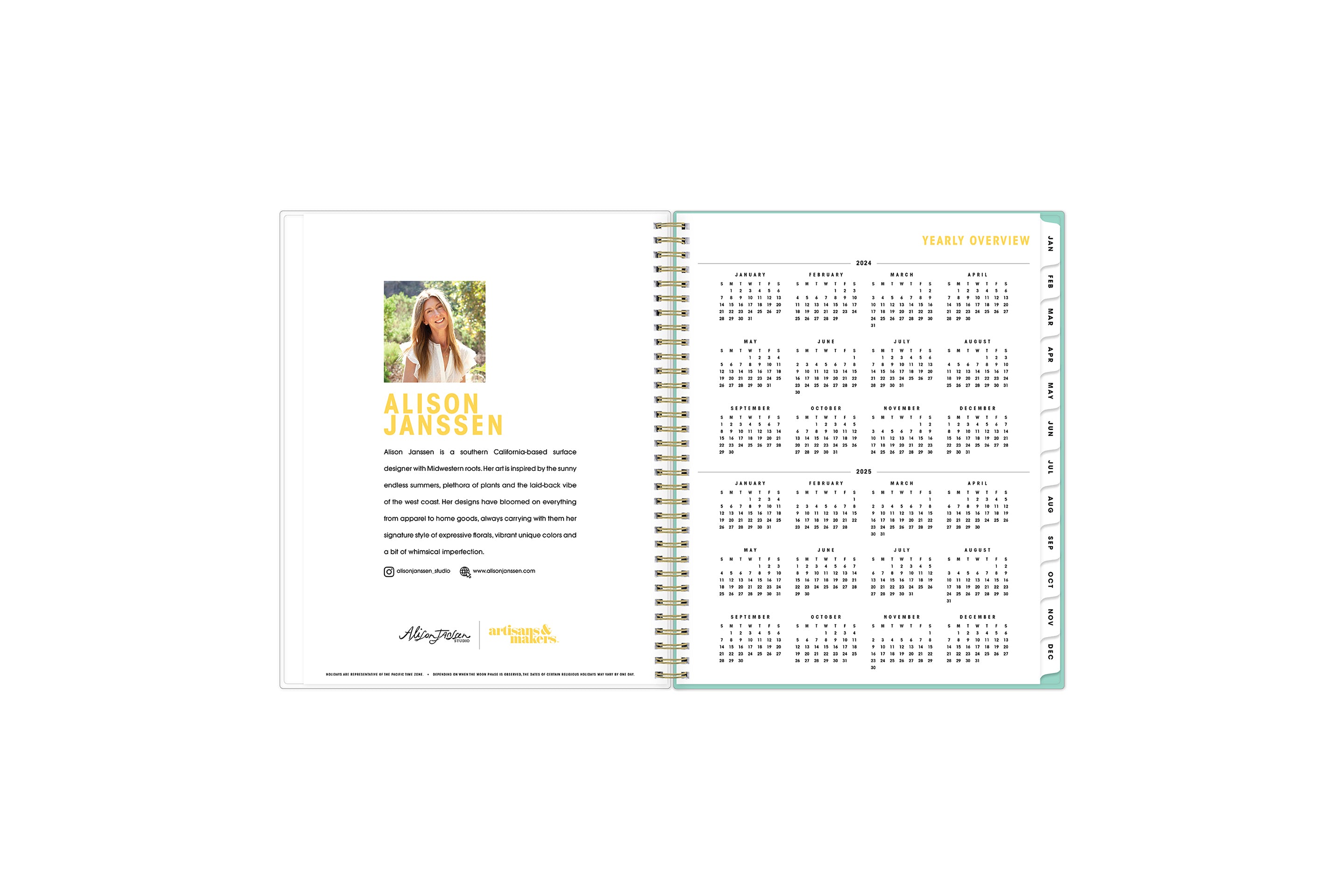 artisans and makers reference calendar from 2024 and 2025 white monthly tabs 8.5x11 size