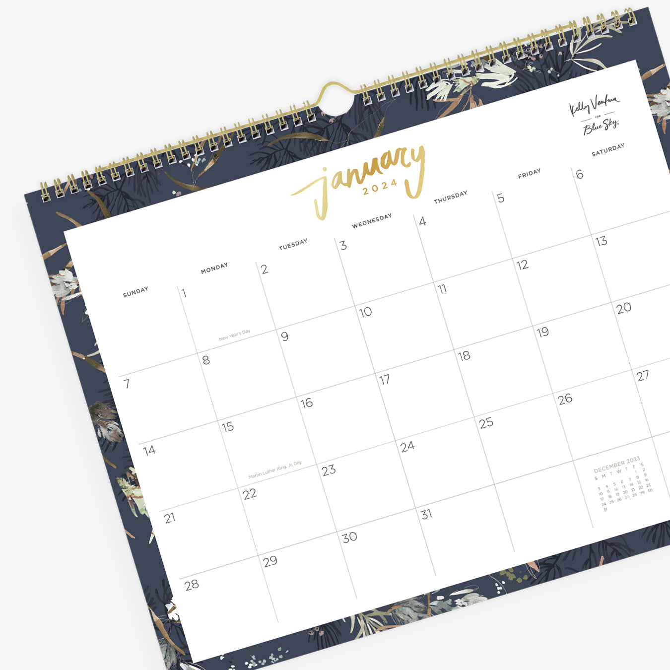 January 2024 - December 2024 monthly wall calendar featuring reference calendars and floral pattern border