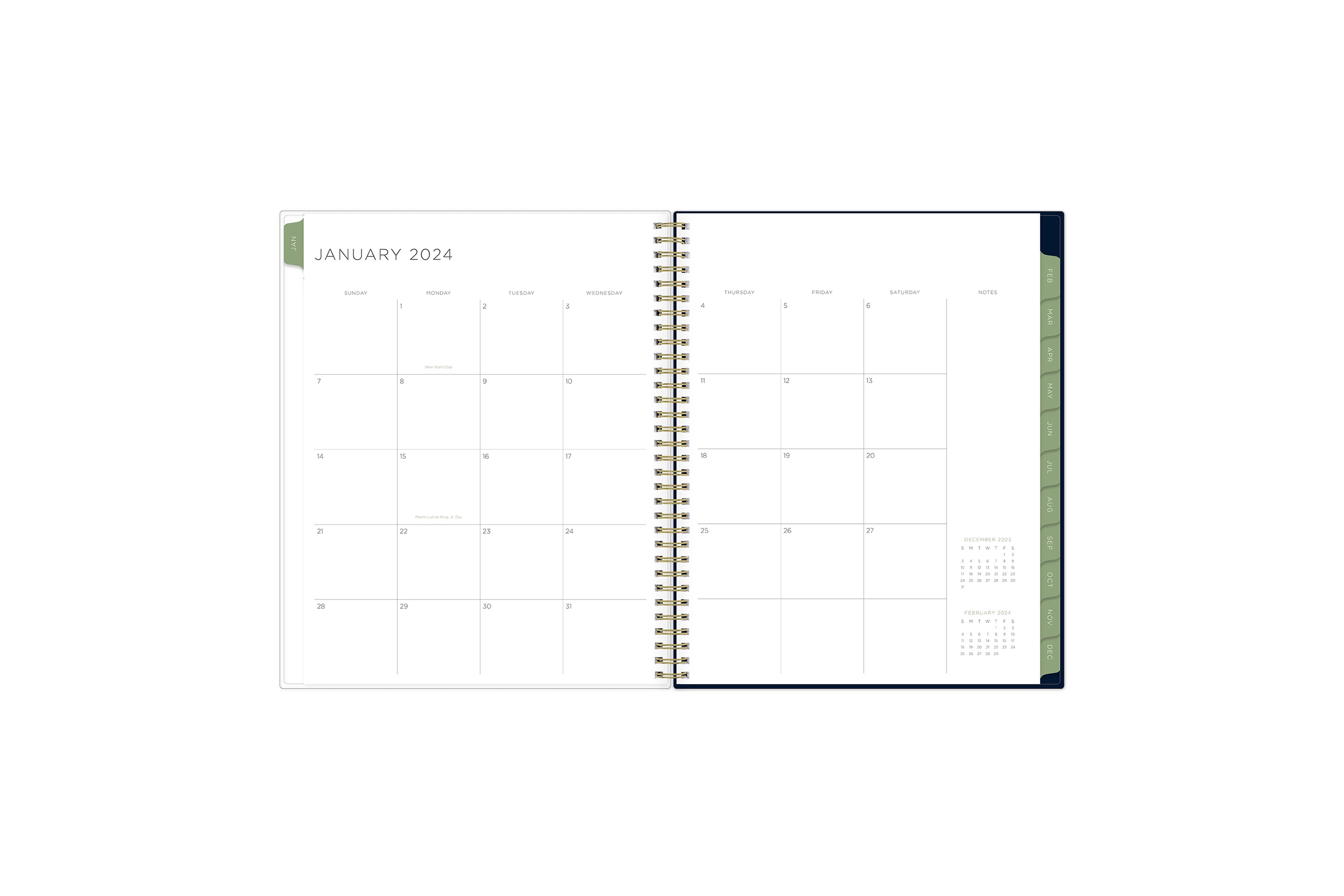 The 2024 Kelly Ventura special collection features a monthly spread with boxed days, clean white writing space, rfeference calendars, and soft olive green monthly tabs in a 8.5x11 planner size.