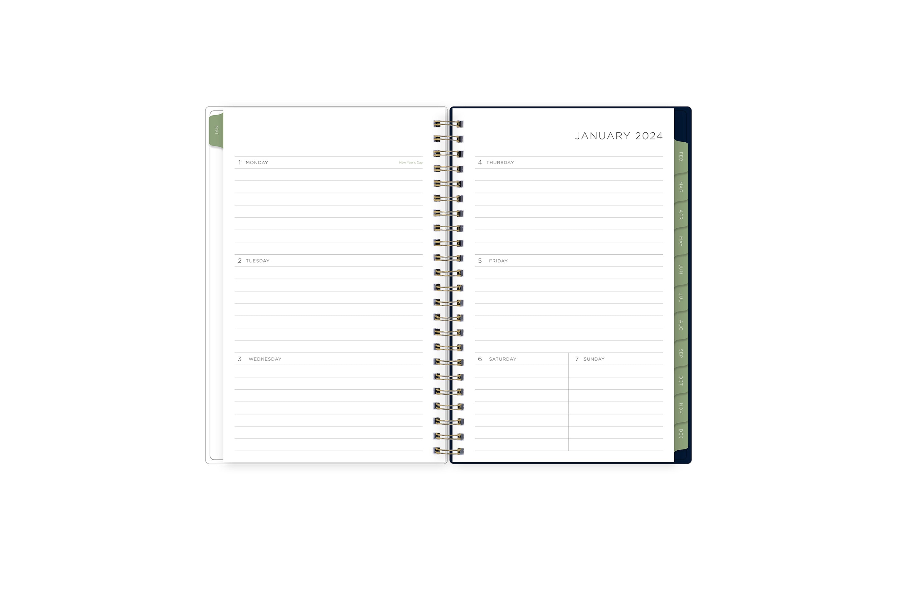 The 2024 Kelly Ventura special collection features a monthly spread with boxed days, clean white writing space, rfeference calendars, and soft olive green monthly tabs in a 5x8 planner size.