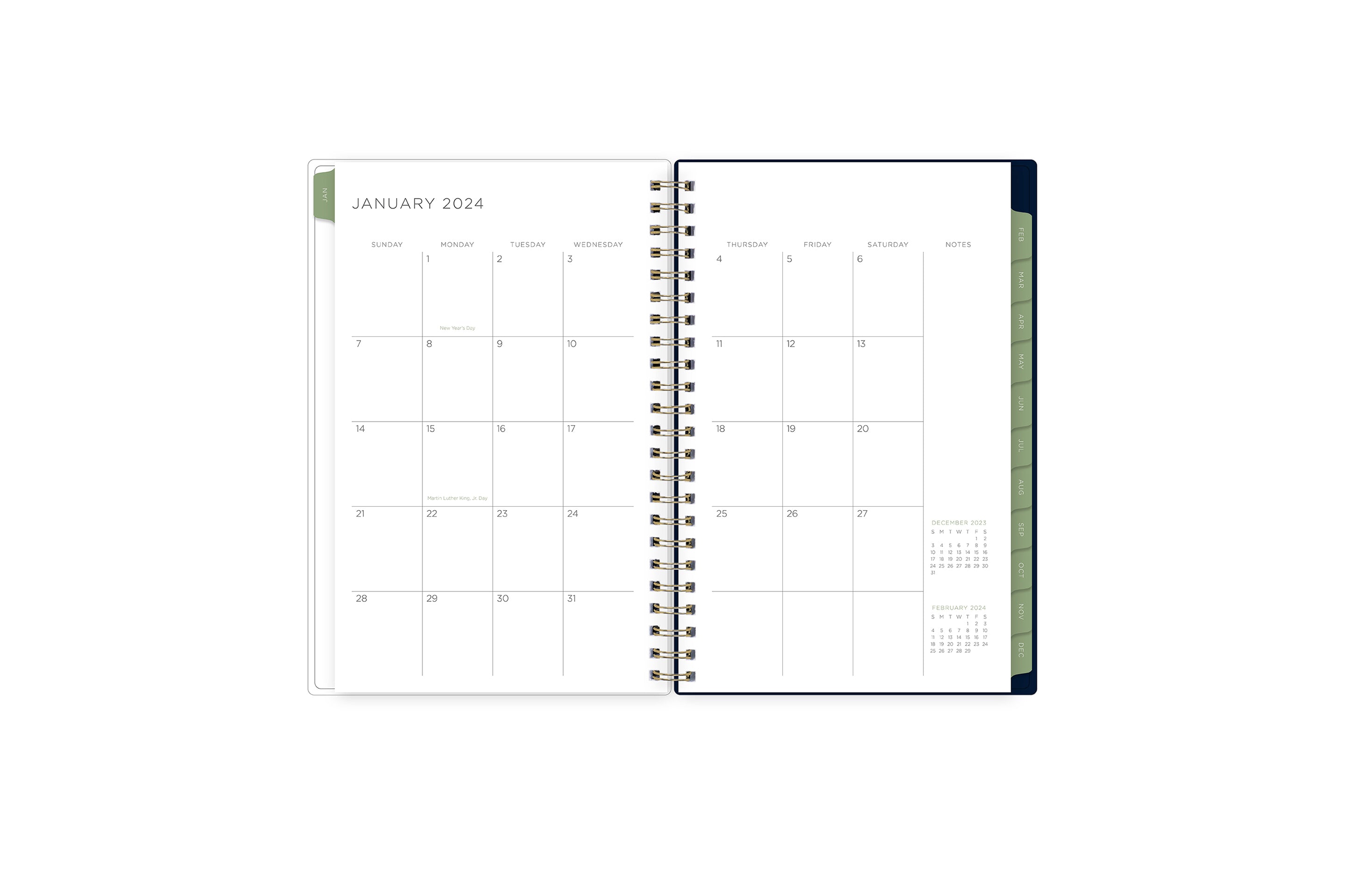 The 2024 Kelly Ventura special collection features a weekly spread with clean white writing space, 7 days a week to plan and organize your week with to-dos, deadlines, and notes on soft olive green monthly tabs in a 5x8 planner size.