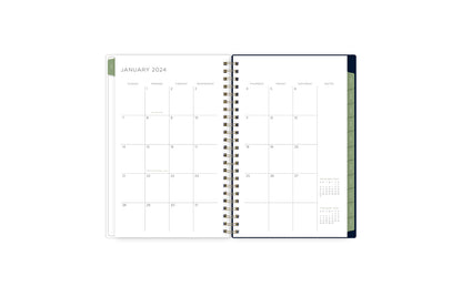 The 2024 Kelly Ventura special collection features a weekly spread with clean white writing space, 7 days a week to plan and organize your week with to-dos, deadlines, and notes on soft olive green monthly tabs in a 5x8 planner size.