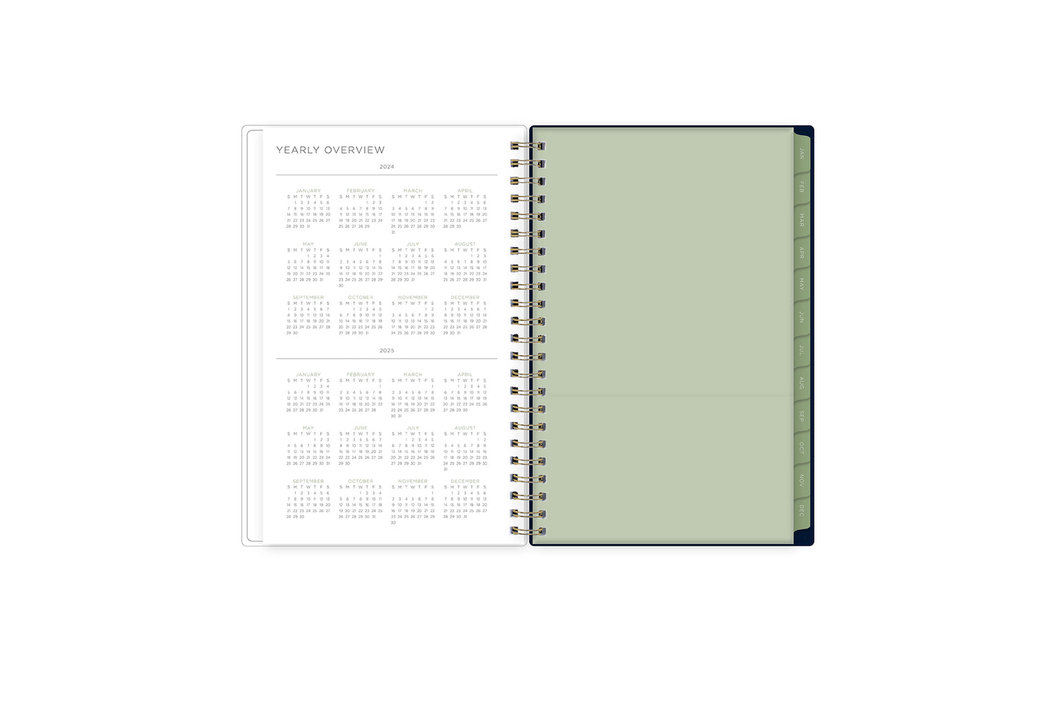 2024-2024 yearly overview spread featuring a view of all the months on one page, and a paper pocket for ultimate storage and organization!
