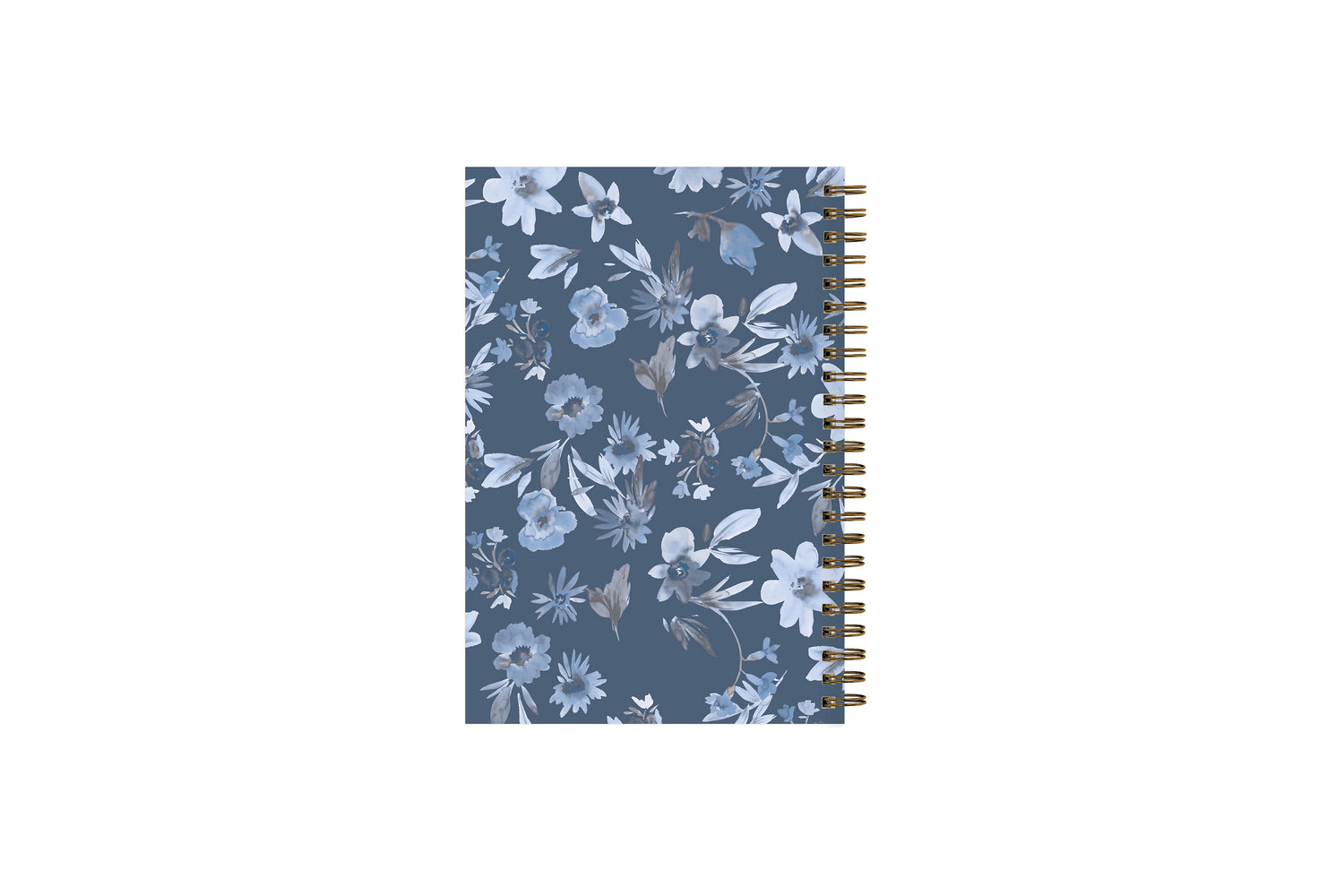 2024 blue sky sustainability weekly monthly planner featuring white and blue floral patterns on a dark blue background 5x8 gold wire-o