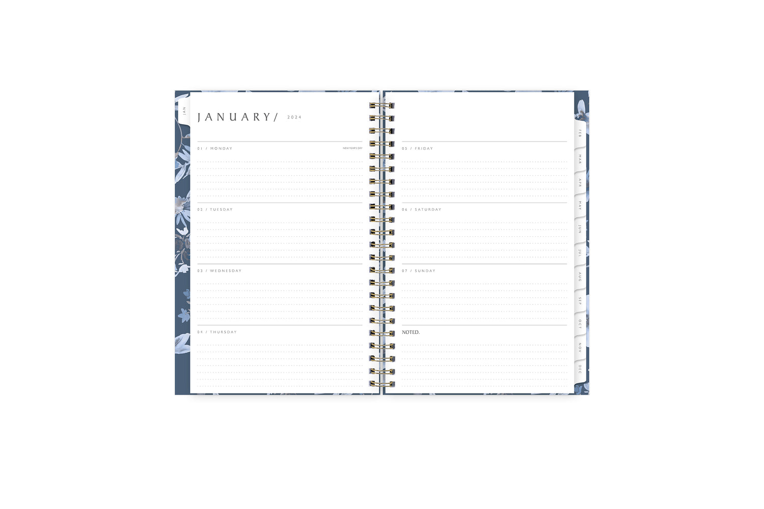 January 2024 - December 2024 weekly monthly planner featuring a weekly spread with lined writing space, notes section, reference calendars, and light purple monthly tabs in 5x8 size